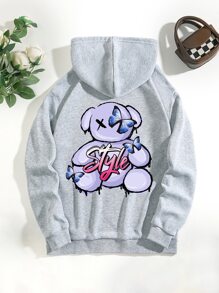 SHEIN EZwear Butterfly & Letter Graphic Drawstring Thermal Lined Hoodie - Light Grey - View 1