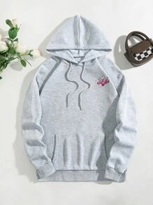 SHEIN EZwear Butterfly & Letter Graphic Drawstring Thermal Lined Hoodie - Light Grey - View 2