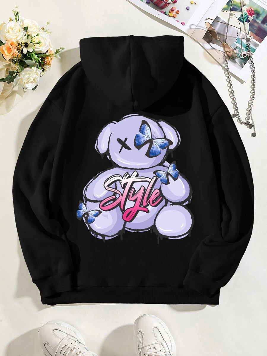 SHEIN EZwear Butterfly & Letter Graphic Drawstring Thermal Lined Hoodie - Black - View 1