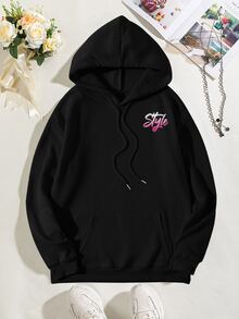 SHEIN EZwear Butterfly & Letter Graphic Drawstring Thermal Lined Hoodie - Black - View 2