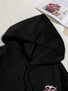 SHEIN EZwear Butterfly & Letter Graphic Drawstring Thermal Lined Hoodie - Black - View 3