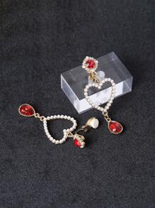 Bông tai hình trái tim giả ngọc trai & đá trang trí hình giọt nước - Đỏ - Xem 4