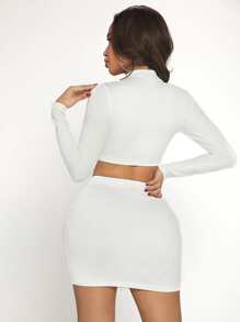 SHEIN SXY Solid Ripped Crop Tee & Bodycon Skirt - White - View 2