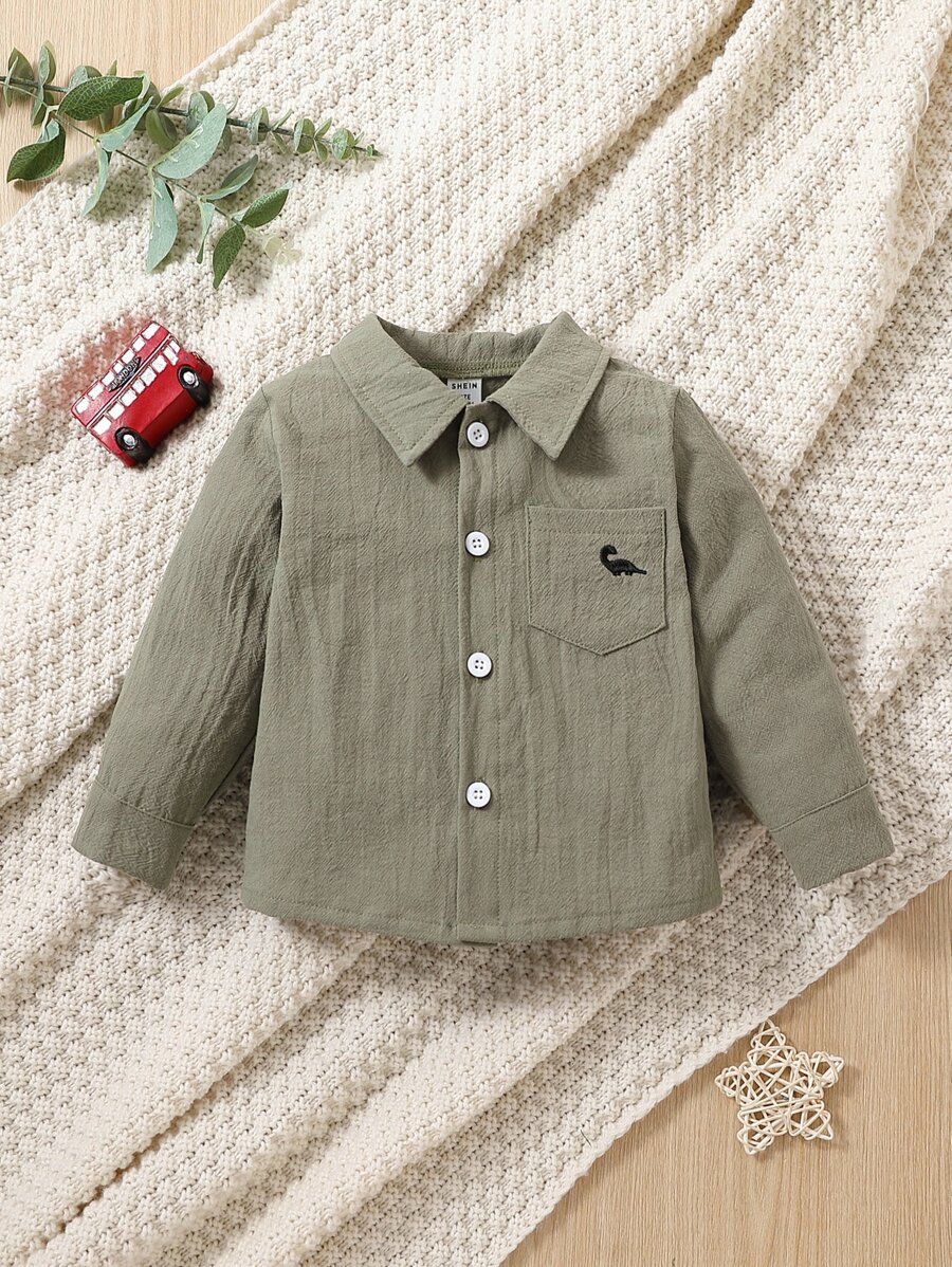 男嬰恐龍刺繡補丁貼口袋襯衫 - 薄荷綠 - 查看 1
