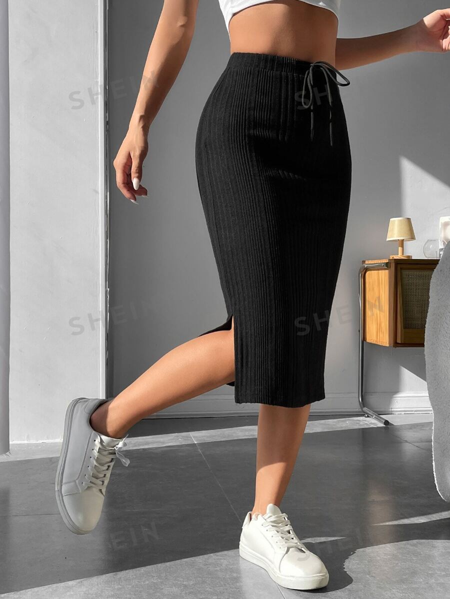 SHEIN PETITE Drawstring Waist Split Thigh Skirt | SHEIN UK
