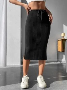 SHEIN PETITE Drawstring Waist Split Thigh Skirt - Black - View 3