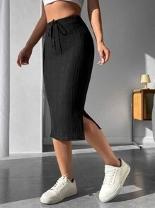 SHEIN PETITE Drawstring Waist Split Thigh Skirt - Black - View 5