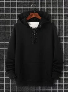 Manfinity Hombres Capucha con ojal con cordón delantero con bolsillo de canguro sin camiseta - Negro - Ver 1