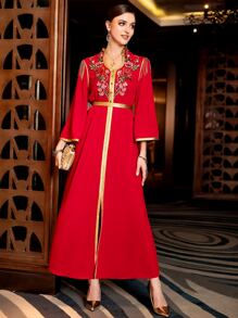 Layrah 花卉刺繡織帶拼接喇叭袖繫腰帶連衣裙 - 紅色 - 查看 6