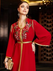 Layrah 花卉刺繡織帶拼接喇叭袖繫腰帶連衣裙 - 紅色 - 查看 7