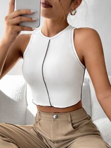 SHEIN PETITE Top-stitching Crop Tank Top - White - View 1