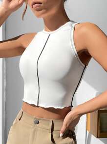 SHEIN PETITE Top-stitching Crop Tank Top - White - View 3