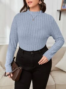 SHEIN Essnce 大碼條紋針織小高領T恤 - 霧霾藍 - 查看 1