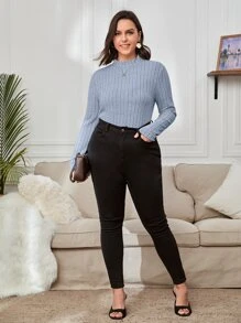 SHEIN Essnce 大碼條紋針織小高領T恤 - 霧霾藍 - 查看 4