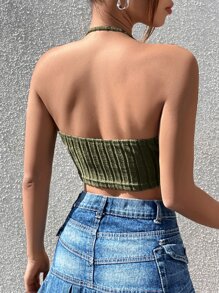 SHEIN EZwear 露背繞頸短上衣 - 軍綠色 - 查看 3