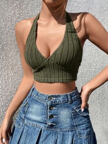 SHEIN EZwear 露背繞頸短上衣 - 軍綠色 - 查看 5