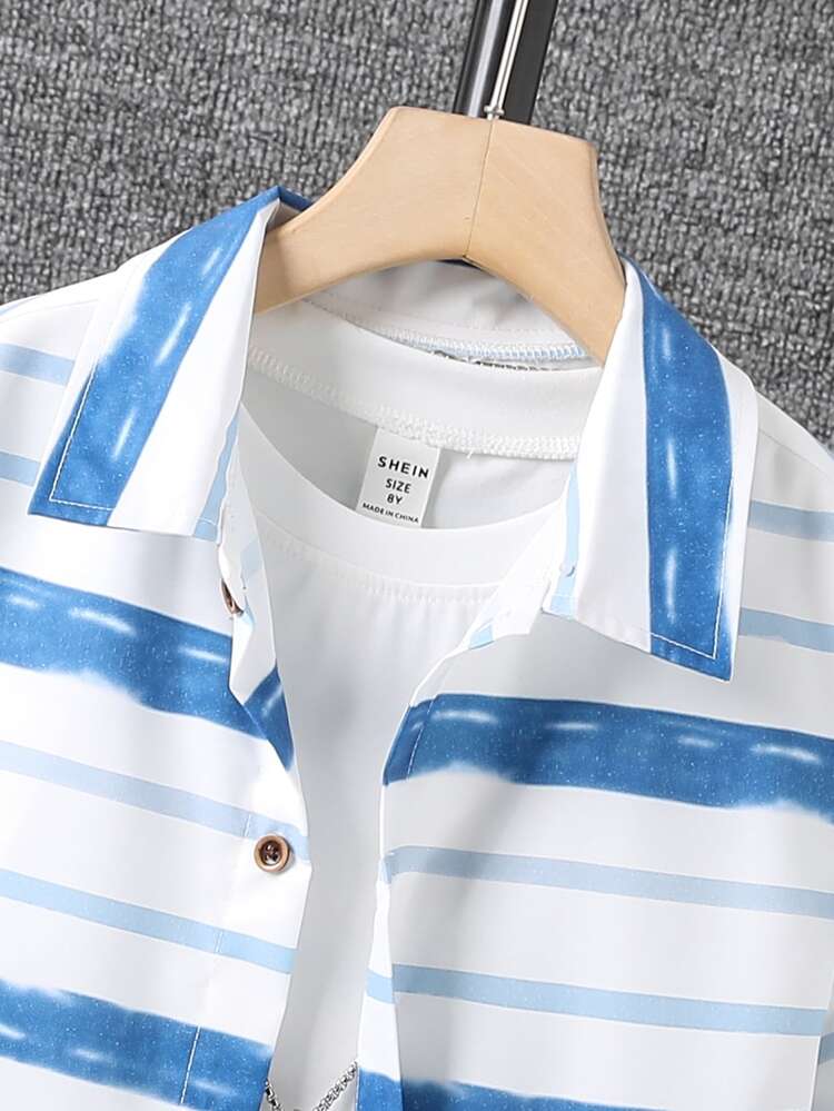 Boys Striped Print Shirt Without Tee - Blue and White - View 5