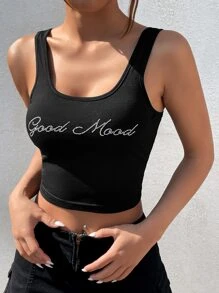 SHEIN EZwear Rhinestone Letter Graphic Crop Tank Top - Black - View 1