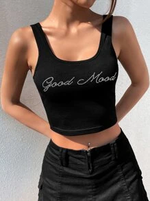 SHEIN EZwear Rhinestone Letter Graphic Crop Tank Top - Black - View 3