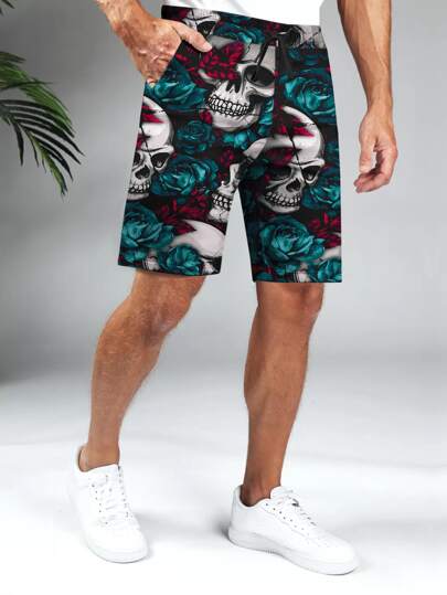 Guys Skull & Floral Print Drawstring Waist Shorts