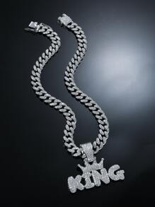 Collar con dije de corona y letra de diamantes de imitación para hombre, para regalo de joyería y fiesta - Plateado - Ver 1