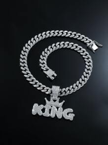 Collar con dije de corona y letra de diamantes de imitación para hombre, para regalo de joyería y fiesta - Plateado - Ver 2