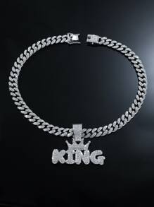 Collar con dije de corona y letra de diamantes de imitación para hombre, para regalo de joyería y fiesta - Plateado - Ver 3
