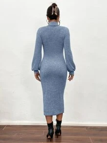 SHEIN Frenchy High Neck Ribbed Knit Lantern Sleeve Dress Without Belt - Blue - View 2