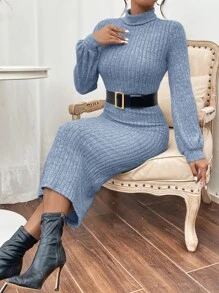 SHEIN Frenchy High Neck Ribbed Knit Lantern Sleeve Dress Without Belt - Blue - View 4