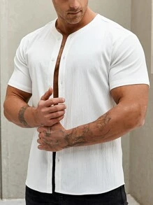 Manfinity Homme Cămașă casual cu nasturi de culoare uni pentru bărbați