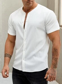 Manfinity Homme Cămașă casual cu nasturi de culoare uni pentru bărbați