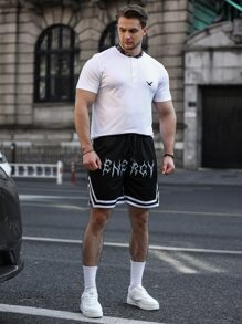 Aesthetic Post Lỏng lẻo phù hợp Nam Đồ họa Chữ cái Sọc trang trí Eo dây rút Quần short - màu đen - Xem 5