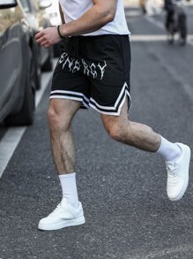 Aesthetic Post Lỏng lẻo phù hợp Nam Đồ họa Chữ cái Sọc trang trí Eo dây rút Quần short - màu đen - Xem 7