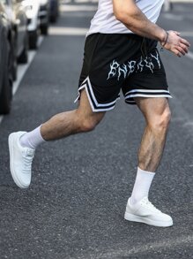 Aesthetic Post Lỏng lẻo phù hợp Nam Đồ họa Chữ cái Sọc trang trí Eo dây rút Quần short - màu đen - Xem 8