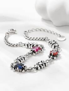 Cubic Zirconia Decor Silver Bracelet - Antique Silver - View 4