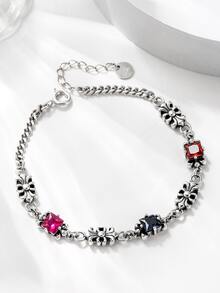 Cubic Zirconia Decor Silver Bracelet - Antique Silver - View 5