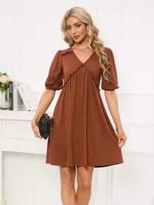 褶邊泡泡袖娃娃裙 - 鏽棕色 - 查看 4