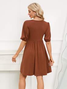褶邊泡泡袖娃娃裙 - 鏽棕色 - 查看 2