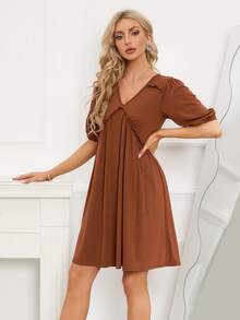 褶邊泡泡袖娃娃裙 - 鏽棕色 - 查看 3