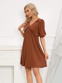 褶邊泡泡袖娃娃裙 - 鏽棕色 - 查看 7