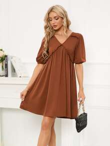 褶邊泡泡袖娃娃裙 - 鏽棕色 - 查看 5