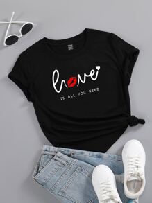 SHEIN LUNE Camiseta labio & con estampado de slogan - Negro - Ver 1