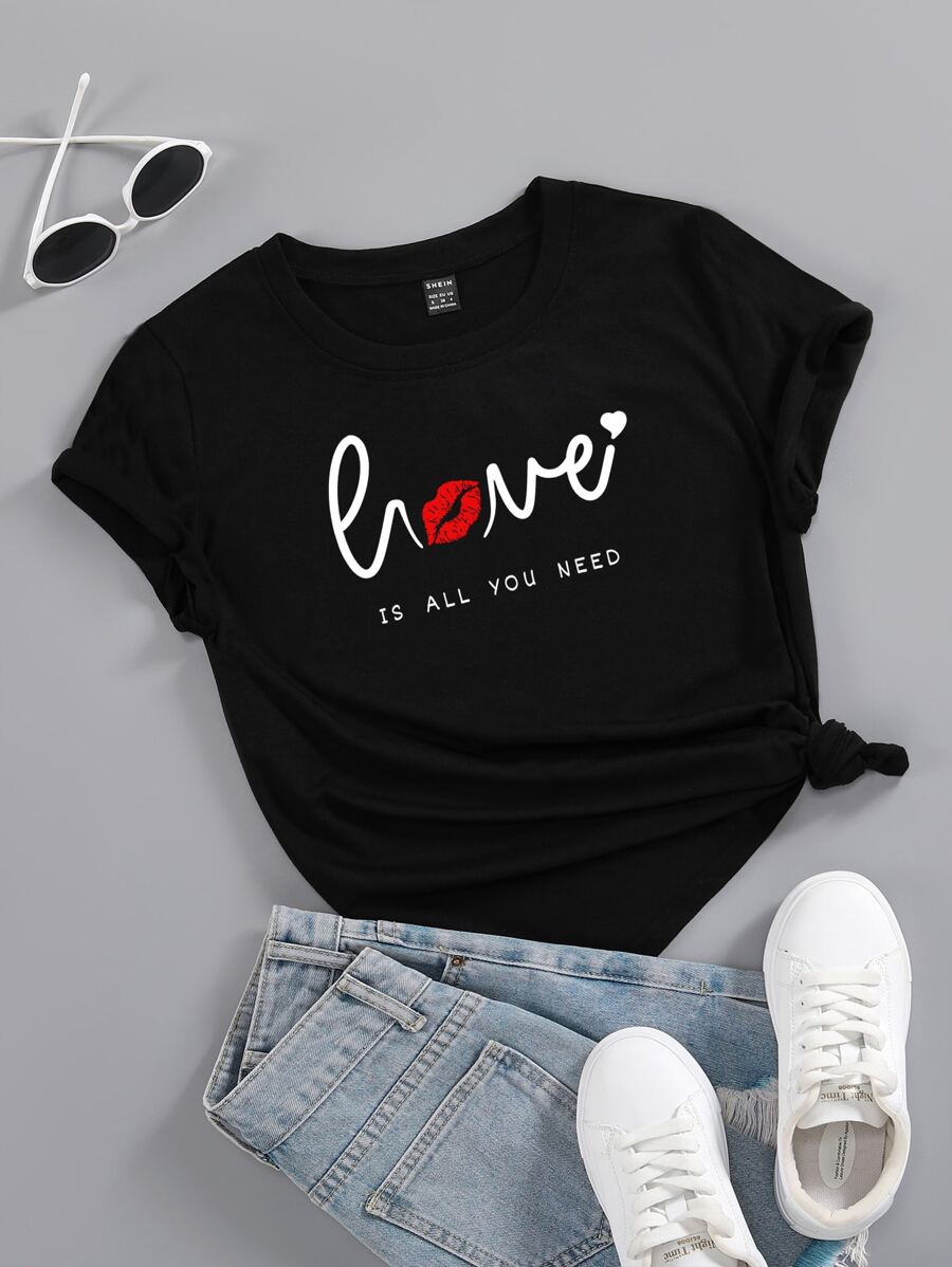 SHEIN LUNE Camiseta labio & con estampado de slogan - Negro - Ver 1