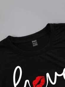 SHEIN LUNE Camiseta labio & con estampado de slogan - Negro - Ver 3