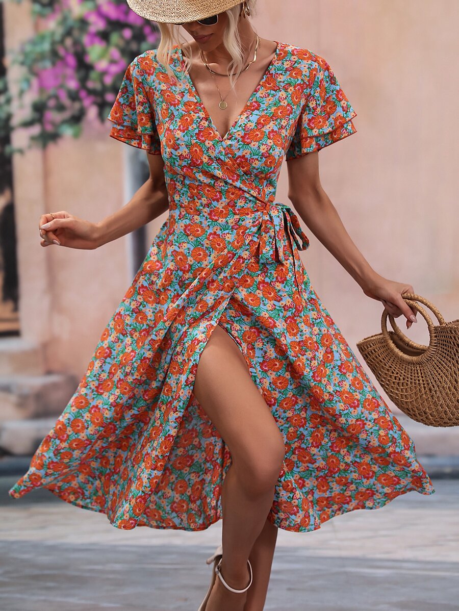 Breezaya 滿版印花蛋糕袖側打結圍裹式洋裝 - 彩色 - 查看 1