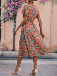 Breezaya 滿版印花蛋糕袖側打結圍裹式洋裝 - 彩色 - 查看 2