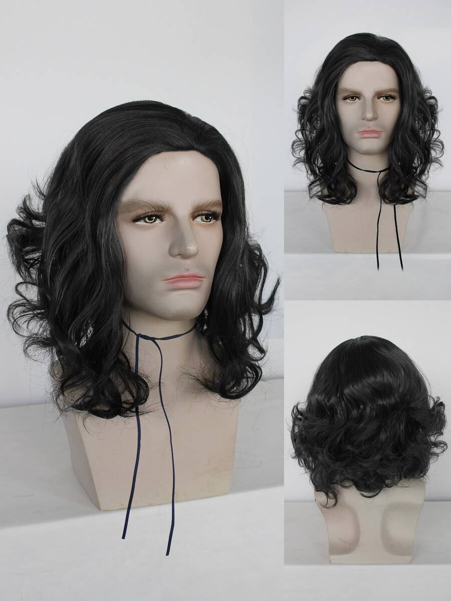 Men Medium Curly Cosplay Synthetic Wig - Black - View 1