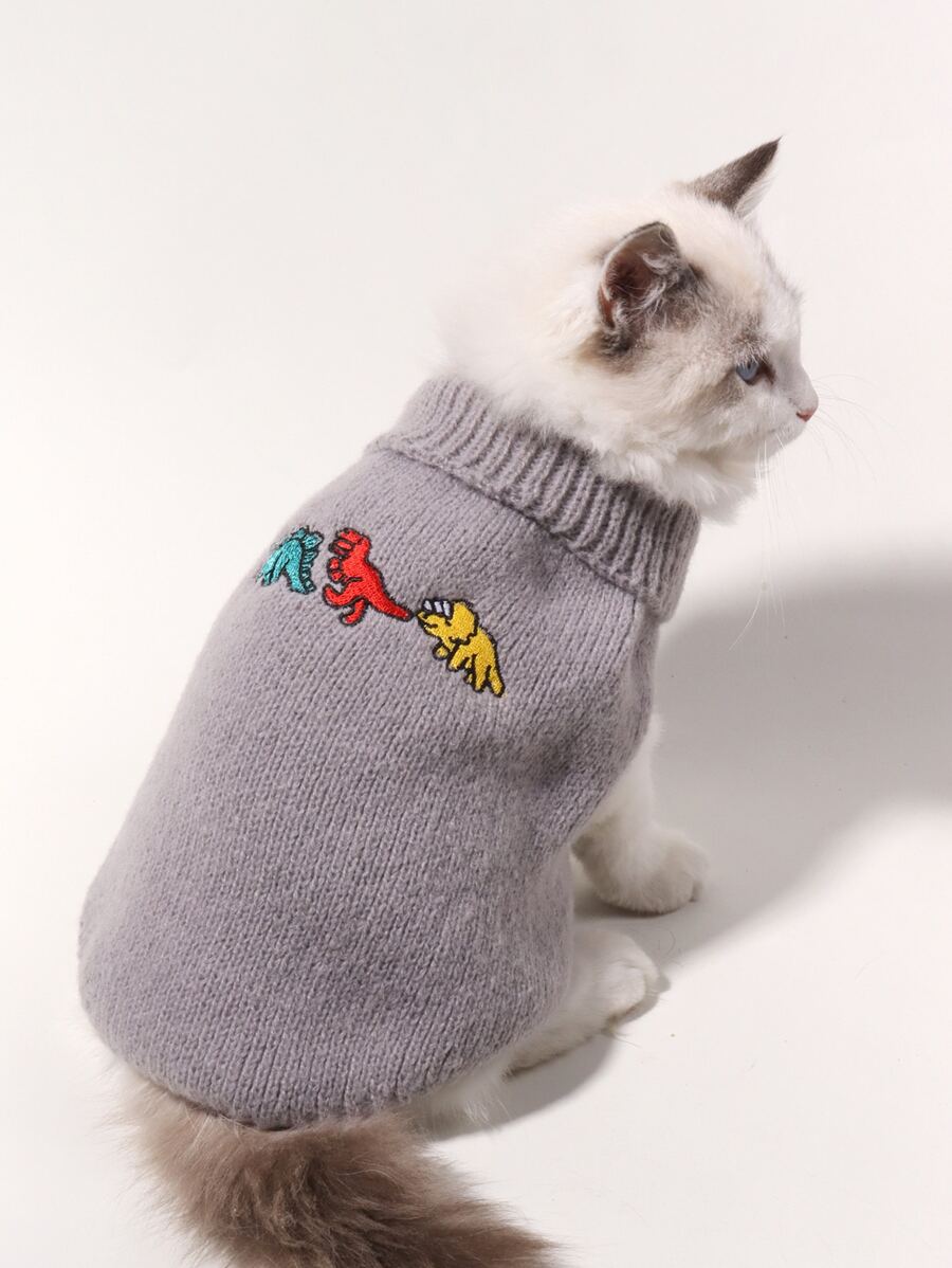 Cartoon Dinosaur Embroidered Pet Sweater - Light Grey - View 1