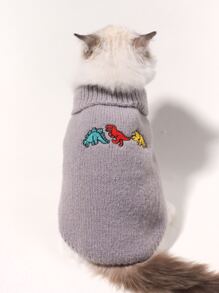 Cartoon Dinosaur Embroidered Pet Sweater - Light Grey - View 3