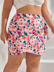Dreamara Plus Allover Floral Print Wrap Hem Skirt - Multicolor - View 4